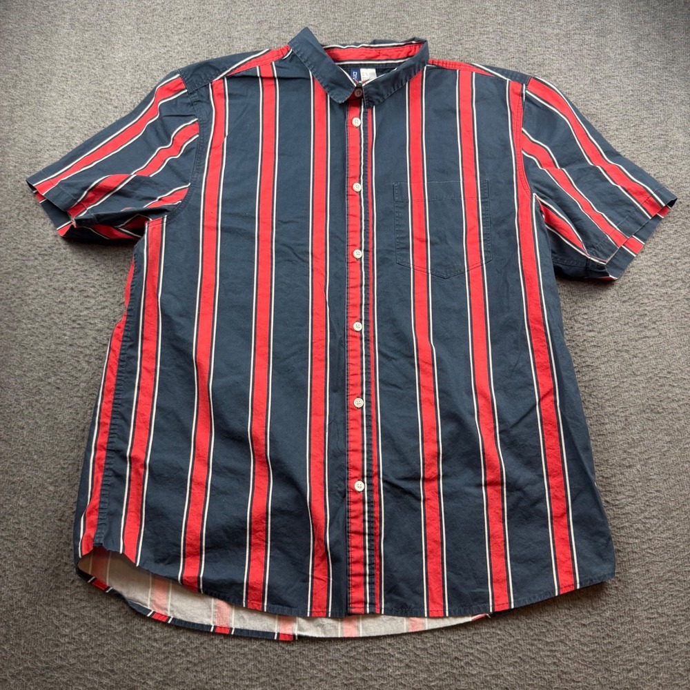 H&M Divided Button Down Men's XL Navy‎ Red Striped Short Sleeve Shirt